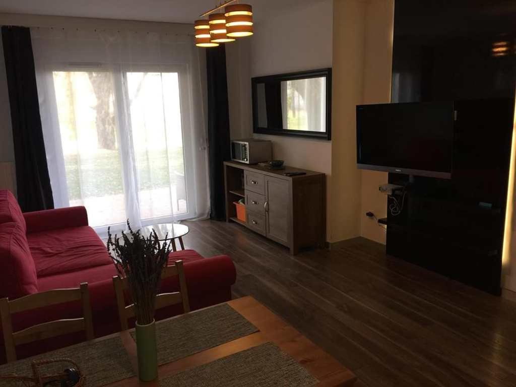 Azur Apartman في فيلينس: غرفة معيشة مع أريكة حمراء وتلفزيون بشاشة مسطحة