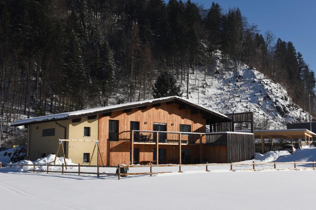 ein Gebäude im Schnee vor einem Berg in der Unterkunft Ferienhaus Silber in Bartholomäberg