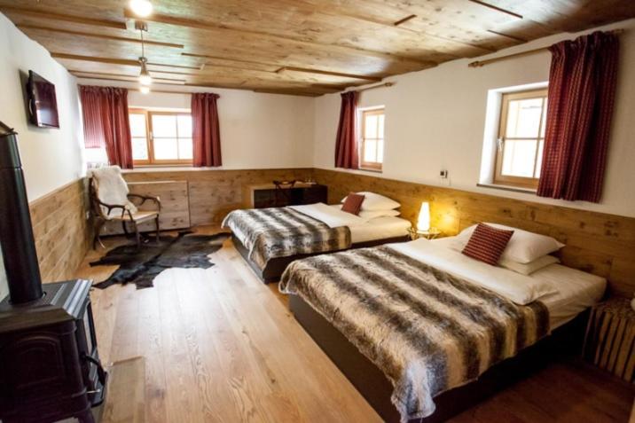 Un dormitorio con 2 camas y una silla. en Penzion Repnik, en Kamnik