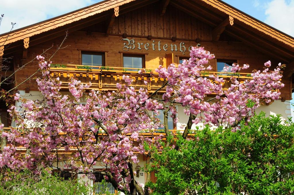 a house with a tree with pink flowers in front of it at Breitenhof - Haus Breiten in Angath