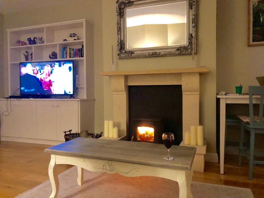 a living room with a fireplace and a tv at 13 Michael Street in Kilkenny