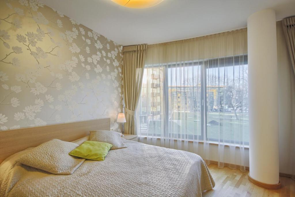 ein Schlafzimmer mit einem Bett und einem großen Fenster in der Unterkunft Apartamentai Liuks in Druskininkai