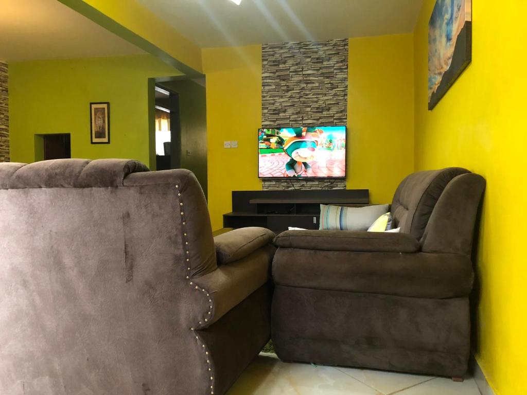 two chairs in a living room with a tv at Darrel House in Kisumu