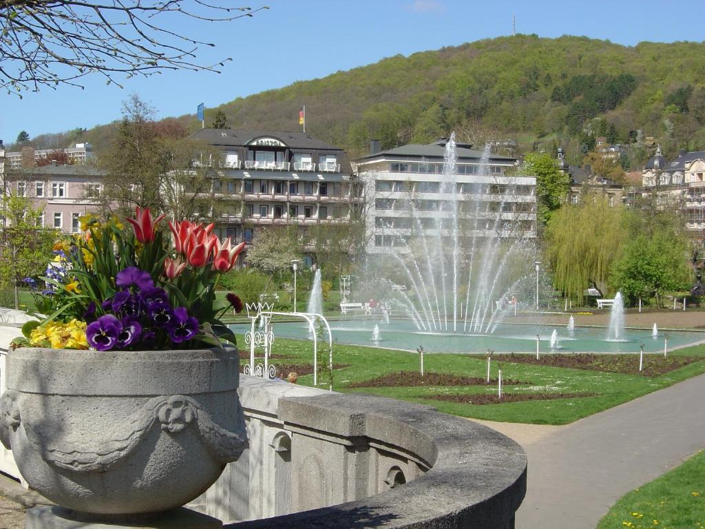 einen Brunnen inmitten eines Parks mit Blumen in der Unterkunft BRISTOL Hotel Bad Kissingen in Bad Kissingen