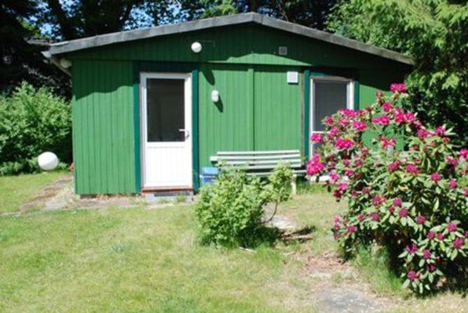 ein grüner Schuppen mit einer Bank in einem Garten mit Blumen in der Unterkunft Das grüne Häusle in Osterholz-Scharmbeck