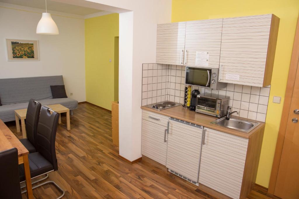 Kuchyň nebo kuchyňský kout v ubytování Appartementhaus Thermeneck