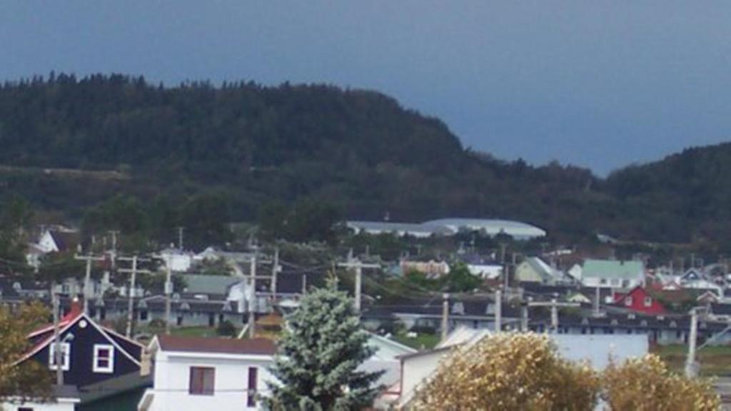 a town with houses and trees and a mountain at Gite La Ptite Falaise hébergement touristique in Sainte-Anne-des-Monts