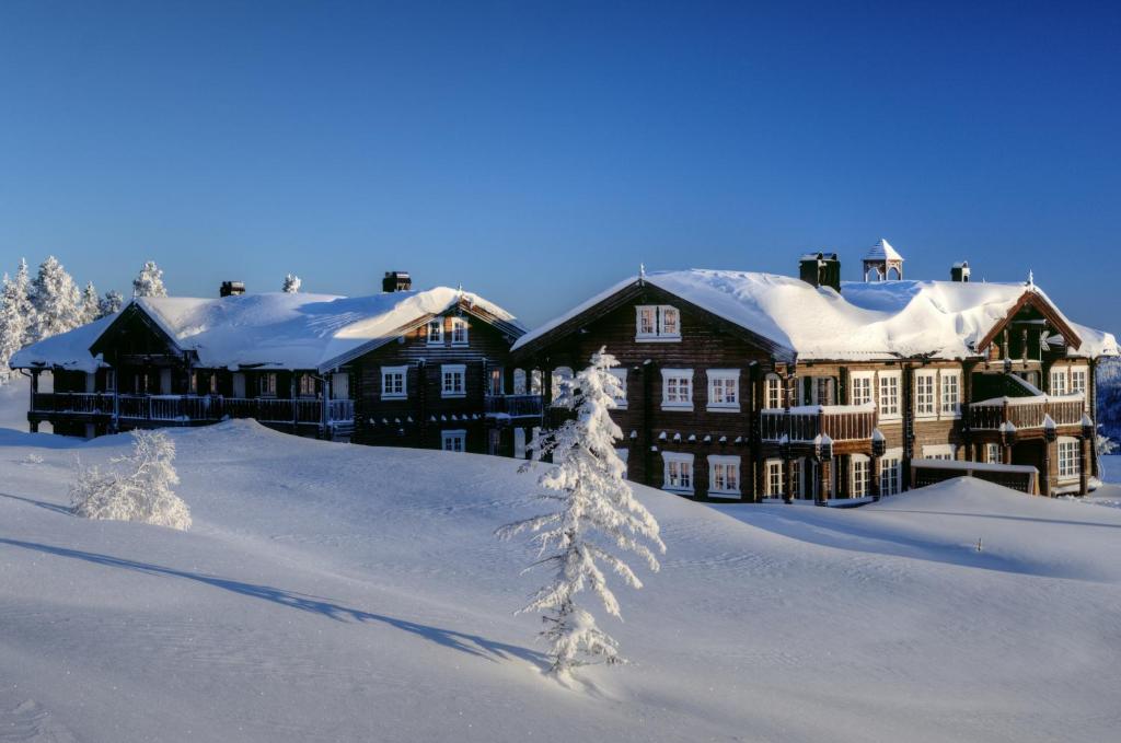 a large building covered in snow with a tree in the foreground at Blefjell Lodge in Lampeland