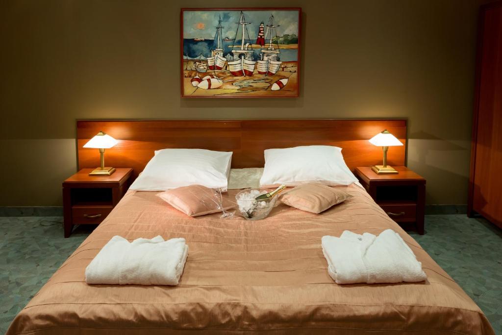a bed with two pillows and a cat laying on it at Kompleks Hotelowy Logos in Augustów