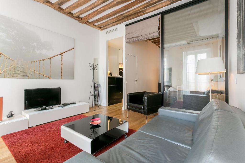 a living room with a couch and a tv at Turenne Place Sainte Catherine in Paris