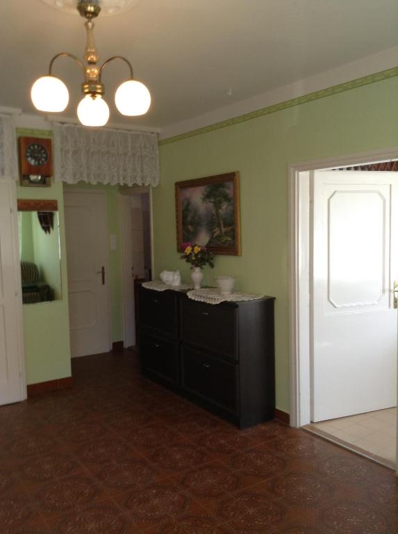 sala de estar con paredes verdes y armario negro en Lukács Panzió en Zalakaros