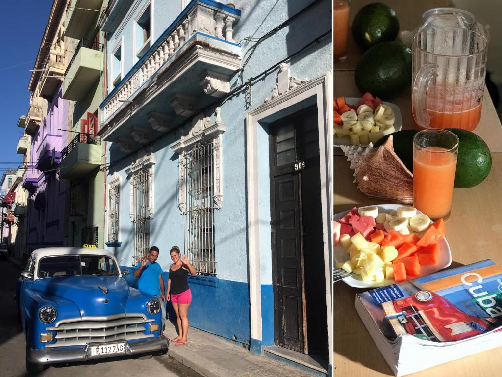 two pictures of two women standing outside a building with a truck and fruit at Casa Estrella Azul in Havana