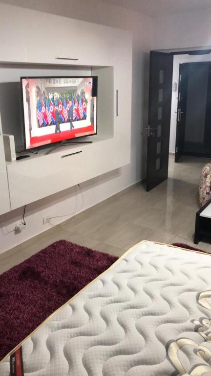 salon z telewizorem z płaskim ekranem na ścianie w obiekcie Ana Studio Apartment w mieście Gałacz