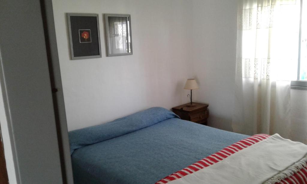 a bedroom with a blue bed and a window at Soleaditos in Mina Clavero