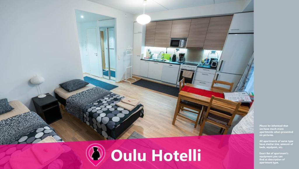 a small apartment with a kitchen and a living room at Oulu Hotelli Apartments in Oulu