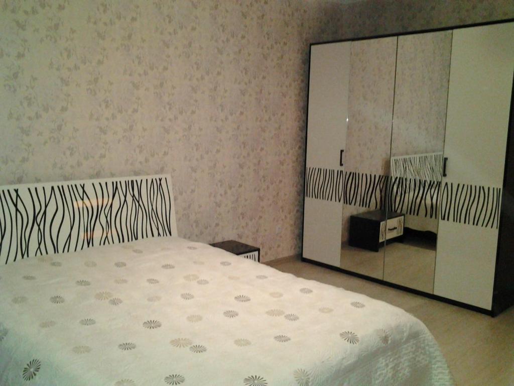ヴィーンヌィツャにあるХмельницьке шосе 122аのベッドルーム(ベッド1台、大きな鏡付)