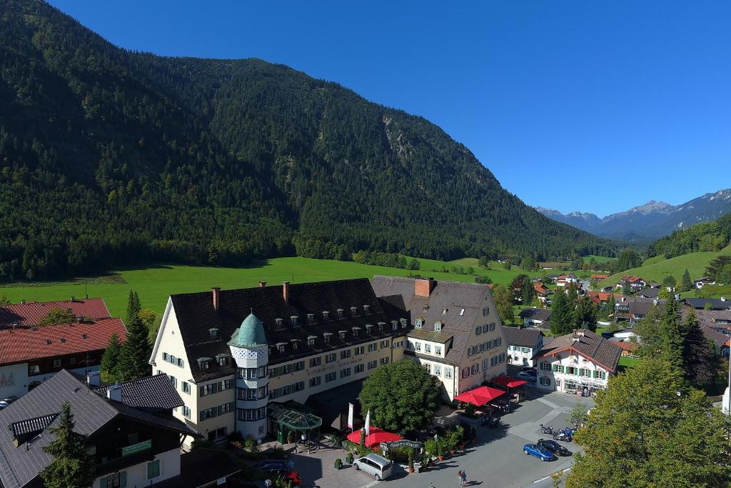 an aerial view of a town in the mountains at Hotel Klosterhotel Ludwig der Bayer in Ettal
