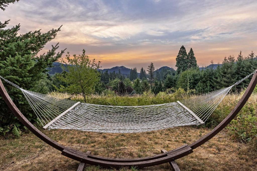 a hammock in the middle of a field at Carson Ridge Luxury Cabins in Carson