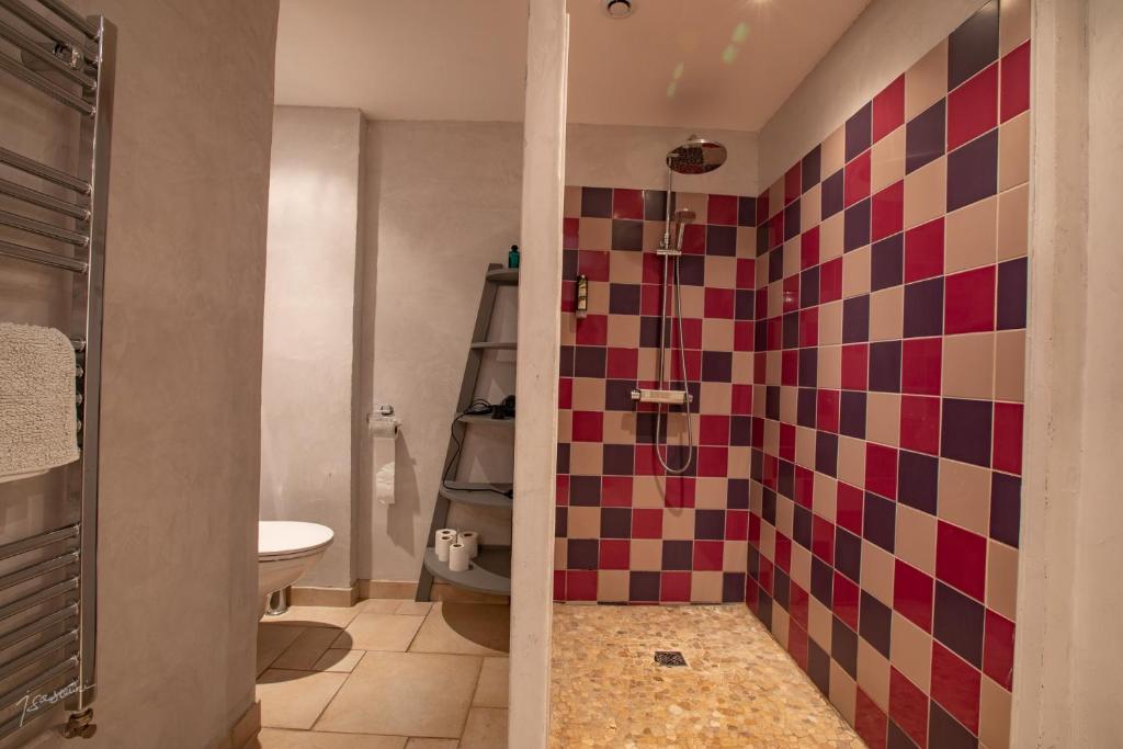 a bathroom with a toilet and a mosaic tile wall at La Métairie du Clos Saint Louis in Montréal