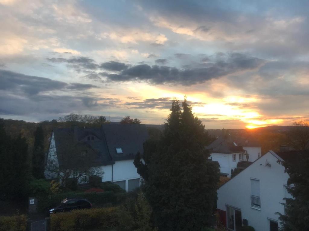 a sunset in a town with houses and a tree at Apartment Ehrenbreitstein in Koblenz