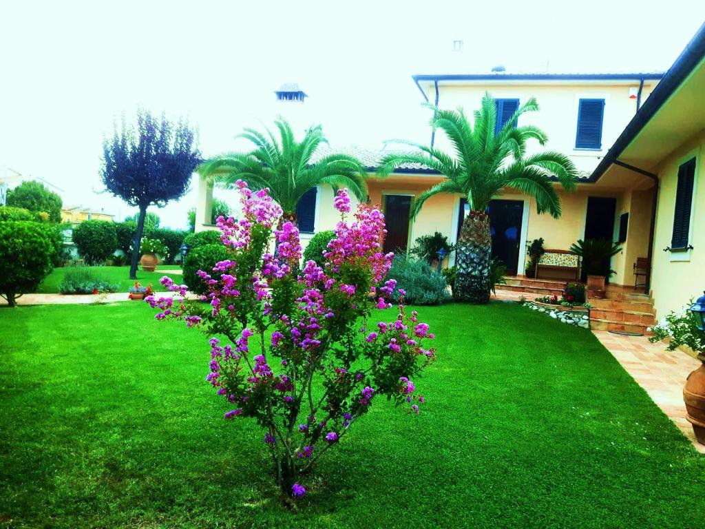 una casa con un patio verde con flores púrpuras en Elisa House, en Foligno