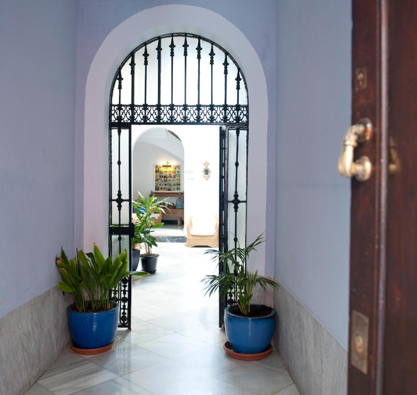 a hallway with an iron gate and potted plants at Casa Patio del Panadero in Cádiz