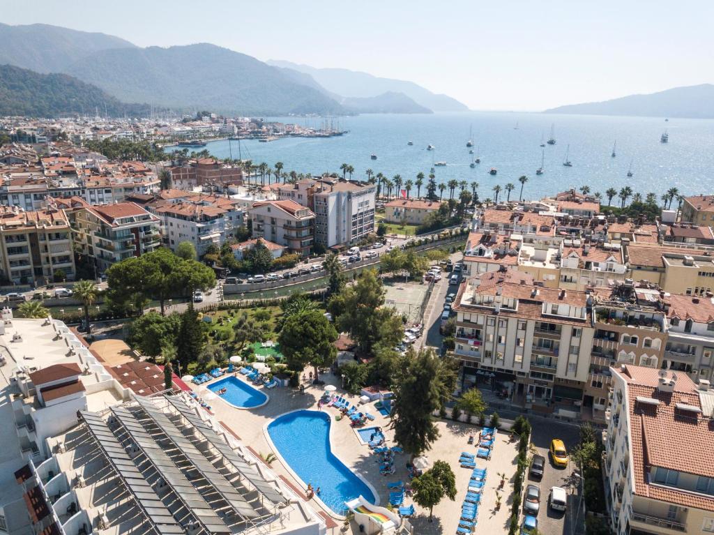 an aerial view of a city and the water at Halıcı Hotel Marmaris in Marmaris