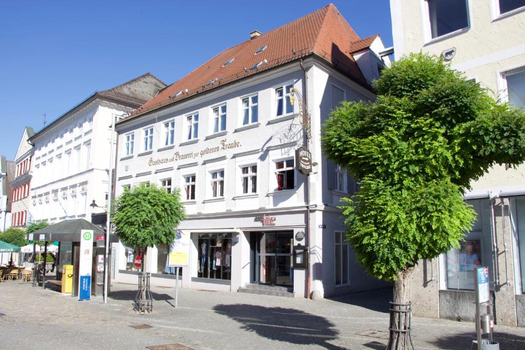 a white building with a brown roof on a street at Hotel Goldene Traube in Günzburg