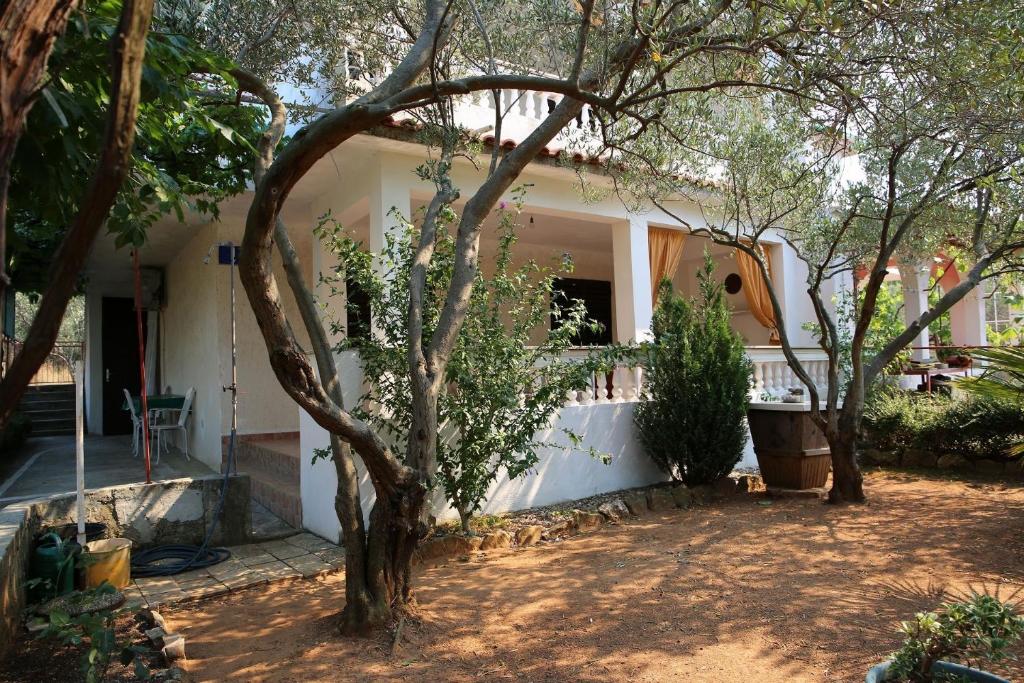 ein weißes Haus mit Bäumen davor in der Unterkunft Apartment Ivo Ivo - relaxing&comfy in Vrgada