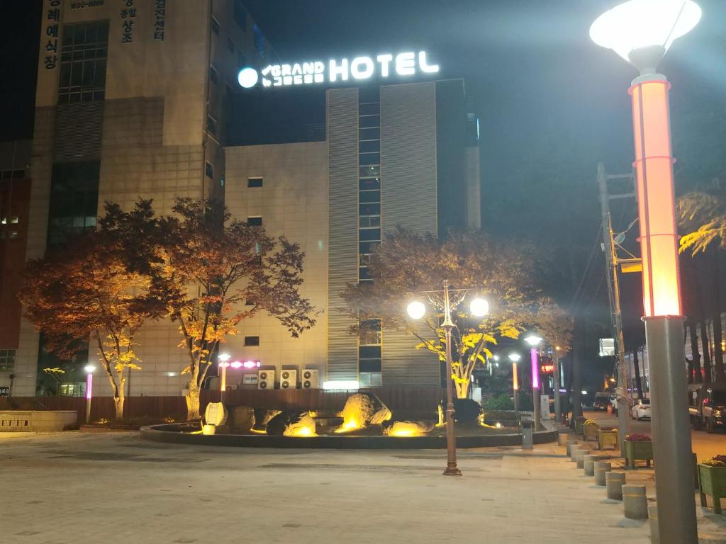 un lampione di notte di fronte a un hotel di New Grand Hotel a Daegu