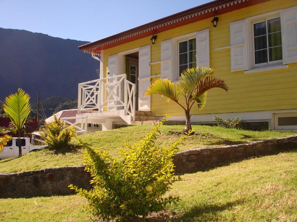 a yellow house with a palm tree in front of it at CÔTE MONTAGNE in Cilaos