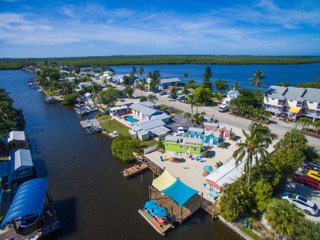 an aerial view of a small town next to the water at Matlacha Tiny Village in Matlacha