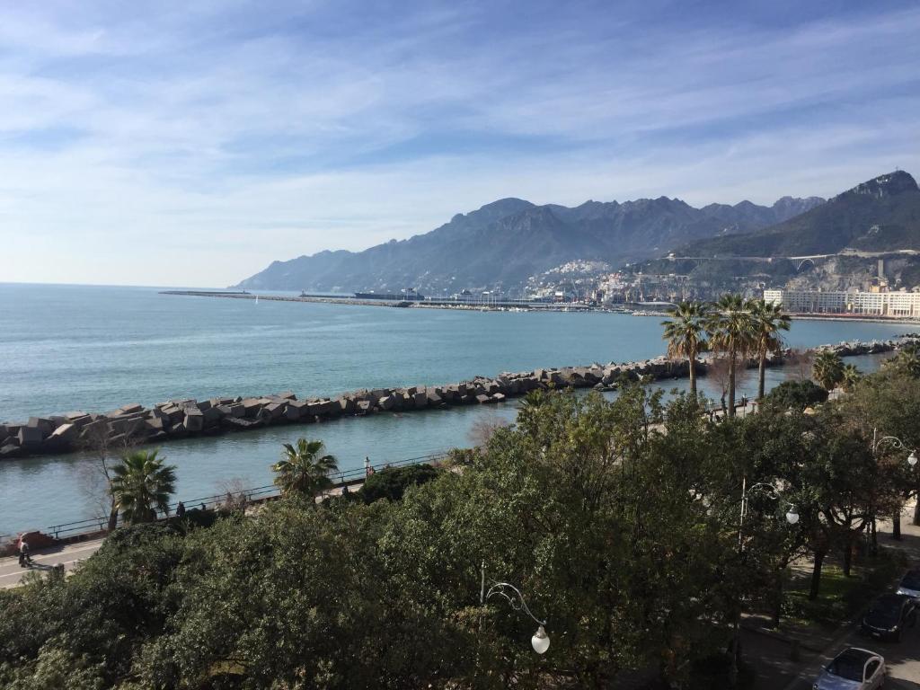 uma vista para uma praia com palmeiras e para o oceano em B&B di mare e d'azzurro em Salerno