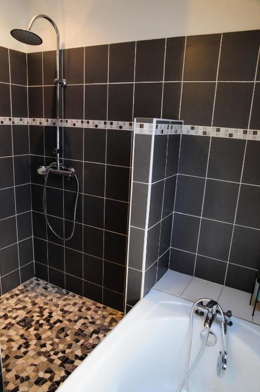a bathroom with a shower with black tiles at Chez Laurent et Sandrine in Chantraine