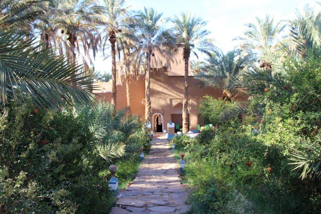 een pad naar een huis met palmbomen bij Riad Tagmadarte Ferme d'Hôte in Zagora