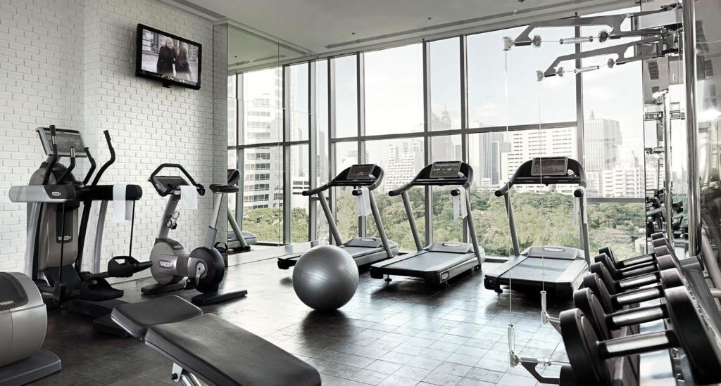 A bright, windowed gym with cardio machines, weights, and a cable station.