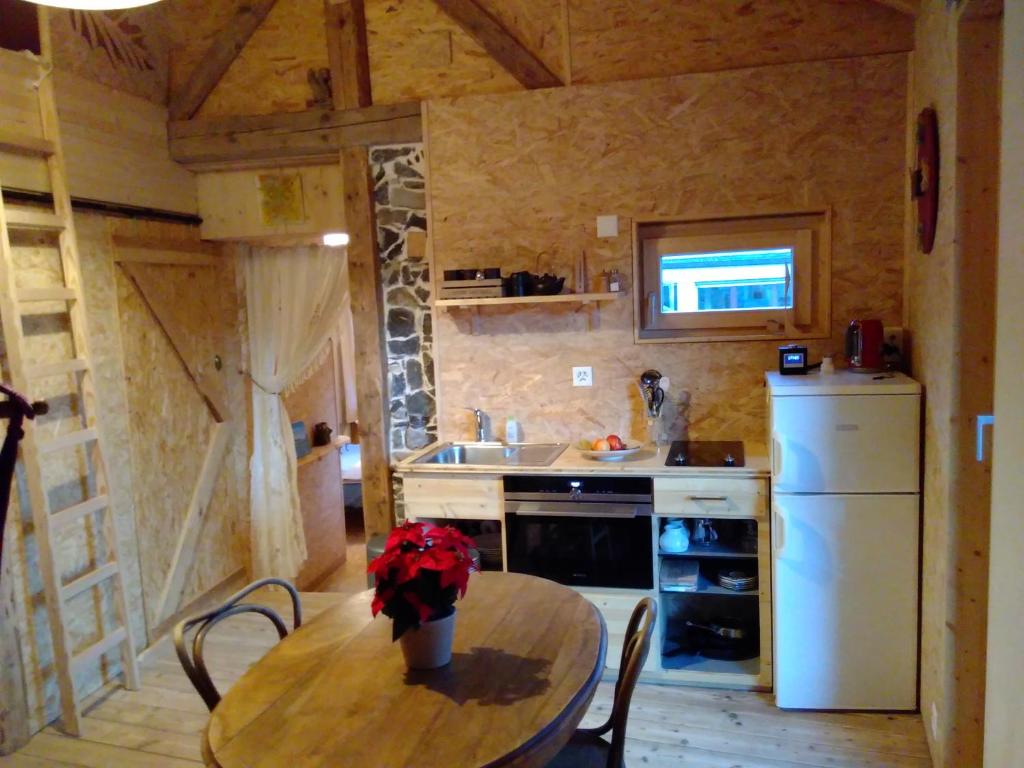 a kitchen with a table and a sink and a refrigerator at Elément-Terre in Aigle