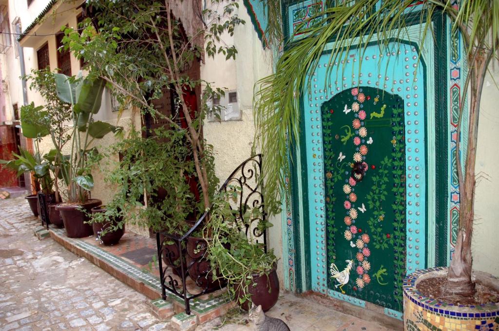 eine grüne Tür mit Pflanzen vor einem Gebäude in der Unterkunft Riad Lahboul in Meknès