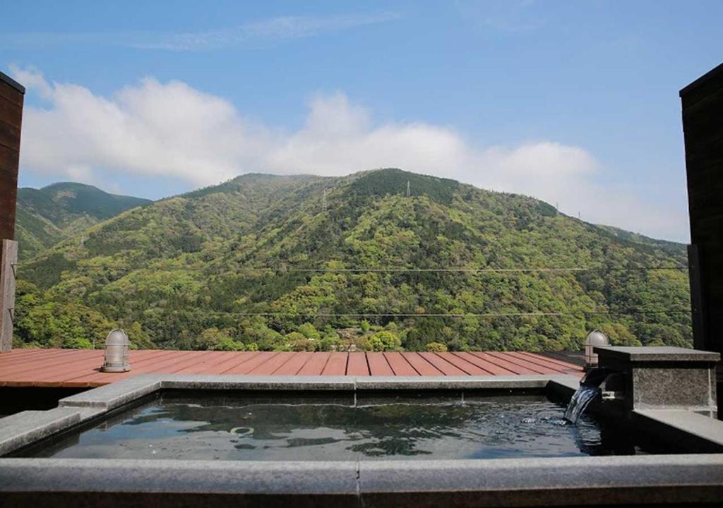 a hot tub with a view of a mountain at Aura Tachibana in Hakone