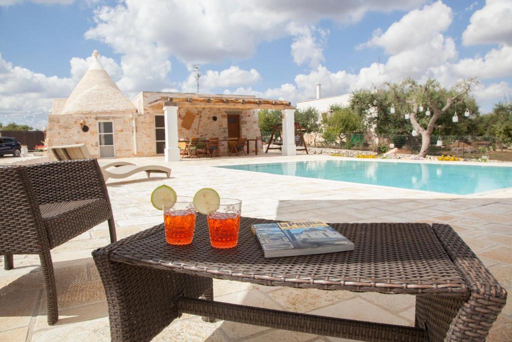 una mesa con bebidas junto a una piscina en Trullo Oasi Santo Stefano - private pool, en Castellana Grotte