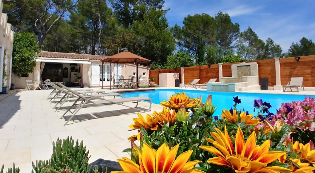 a garden with flowers and a swimming pool at Chez Isabelle et Guy B&B in Trans-en-Provence