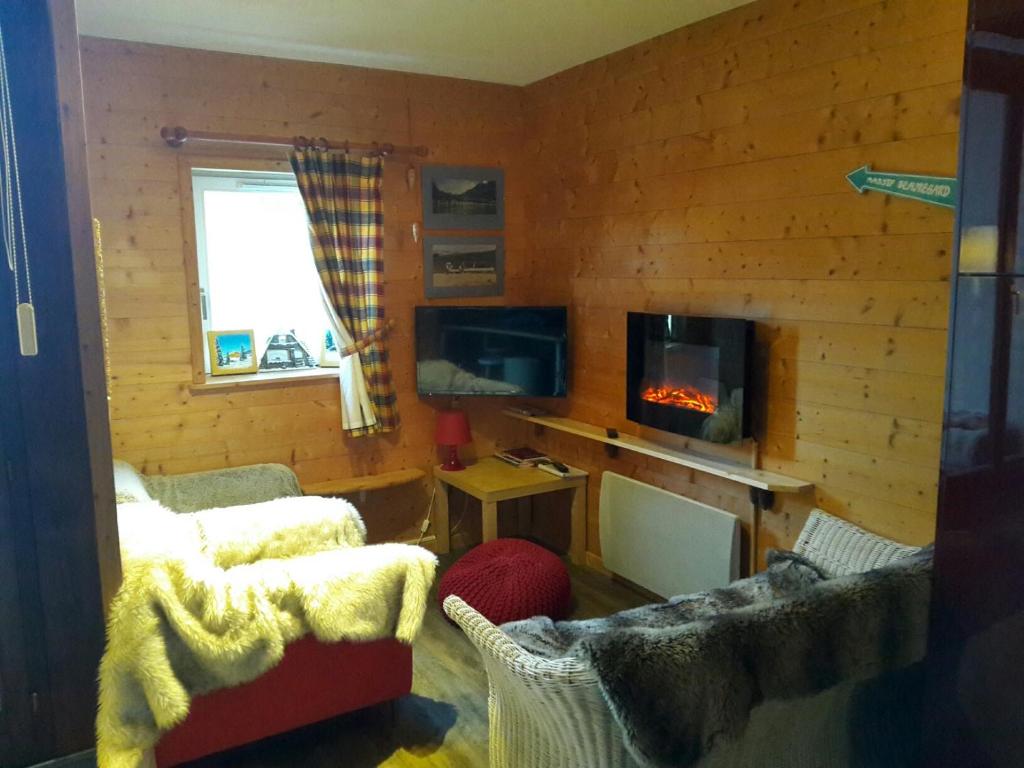 un salon avec un canapé et une cheminée dans l'établissement SKI Sun 3212, à Manigod