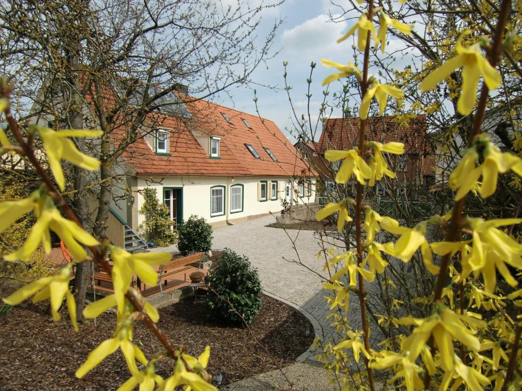 a house with yellow flowers in front of a bench at Arnold´s Ferienhof in Stadtlauringen