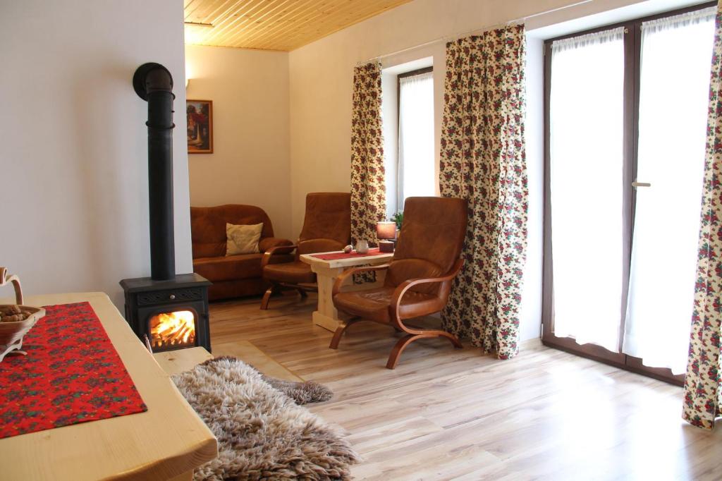 a living room with a wood stove in a room at Wakacyjny Dom Dawidówka in Wisła
