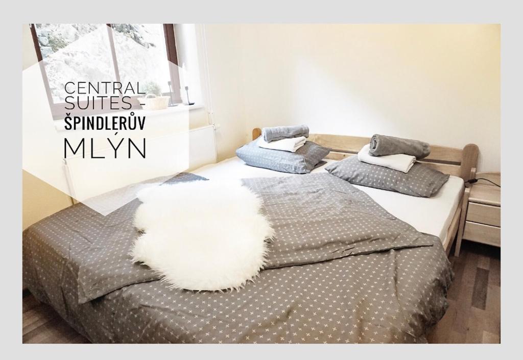 een slaapkamer met 2 bedden en een wit kussen bij Central Suites - Špindlerův mlýn in Špindlerův Mlýn