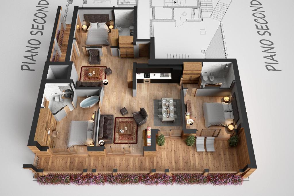 a rendering of a floor plan of a house at Aux Pieds du Roi - Suite & Spa in Breuil-Cervinia