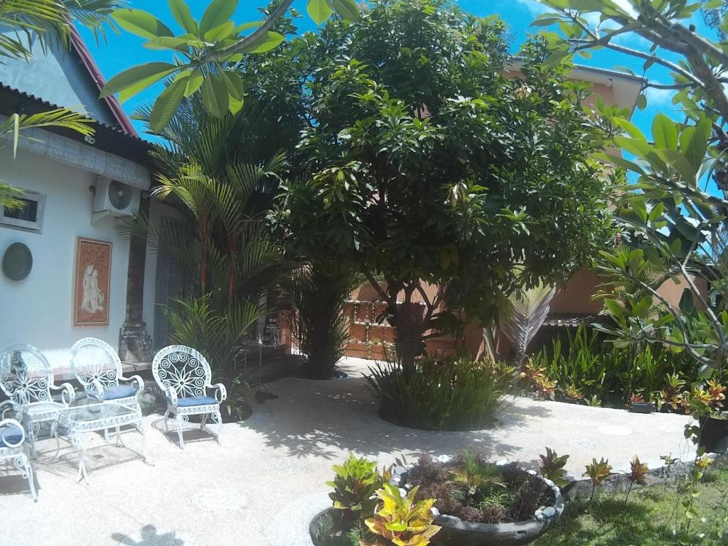 un jardín con sillas y árboles y una casa en Canggu Pinpoint Rooms, en Canggu