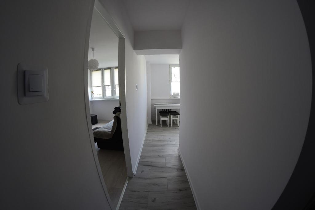 a hallway leading to a living room with a mirror at Kwatery w Cieplicach in Jelenia Góra