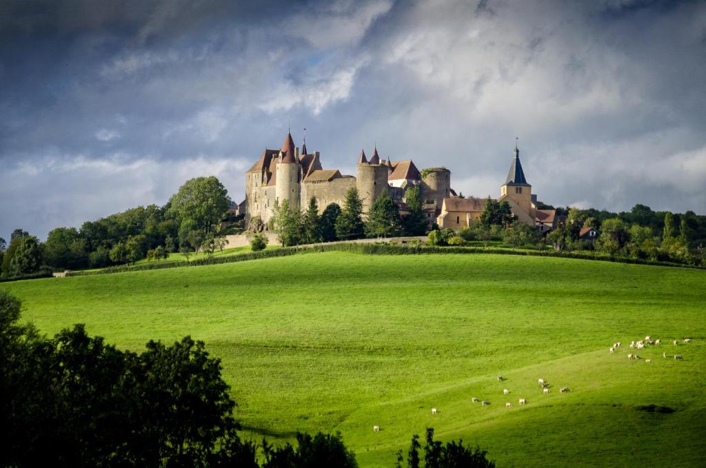 un castillo sobre un campo verde con ovejas en Le Domaine des Prés Verts Suites & Chambres avec Jacuzzi Privatif à Châteauneuf, en Châteauneuf