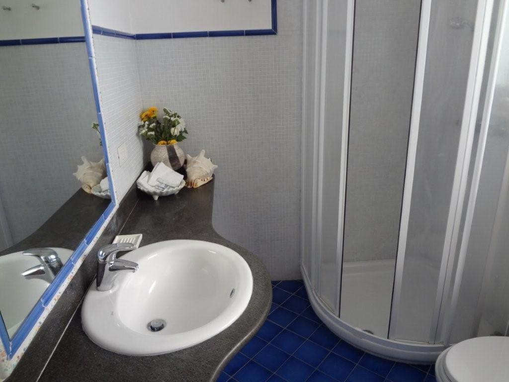 La salle de bains est pourvue d'un lavabo et d'une douche. dans l'établissement Soleluna, à Capri